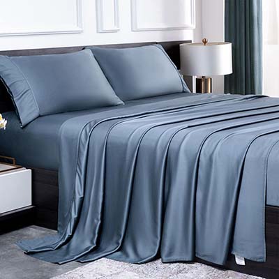 100% Bamboo Rayon Sheets King Size, Luxury Bed Sheet Set- Ultra-Soft Silky- Cooling for Hot Sleepers, Deep Pocket 16" Satin Viscose Hotel Bedding 4 Piece, Grey Blue